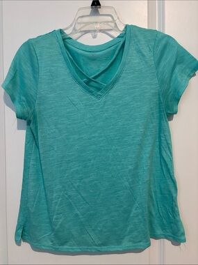 Balance Collection Women’s Teal V-Neck Short Sleeve Top with Crisscross Detail